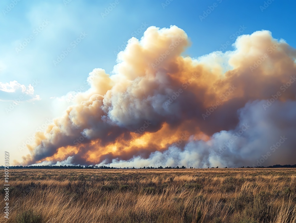 Intense wildfire spreading across dry grassland under a clear blue sky ...