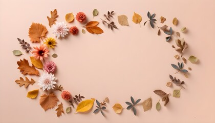 Wall Mural - Autumnal frame of dry leaves and flowers on soft pastel background, showcasing natures beauty with ample copy space