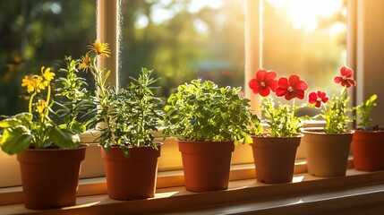 Colorful Plants in Sunlit Window Pots