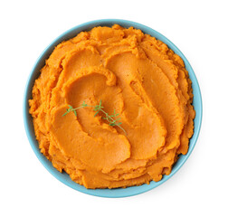 Poster - Tasty mashed sweet potato and thyme in bowl isolated on white, top view