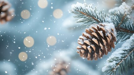 Poster - A pine tree branch covered in snow and pine cones