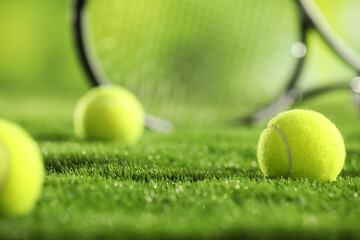 Poster - Tennis balls on green grass, selective focus