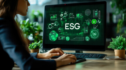 Poster - Woman Analyzing ESG Investment on Computer with Environmental, Social, Governance Icons in Modern Office Setting