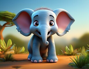 Poster - Cute Cartoon Elephant on an African Plain