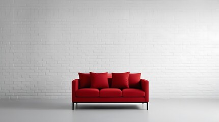 Image features a minimalist interior design style with a modern layout, vibrant red sofa with three seat cushions and four matching throw pillows, positioned against a plain, light gray brick wall