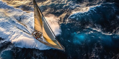 Sticker - A stunning view of a sailboat gliding over sparkling blue waves. The sun casts a golden hue on the sails. Ideal for travel and adventure themes. Captured from above. AI