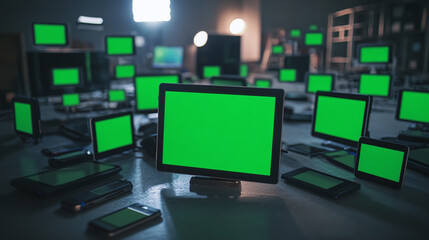 Fototapete - computer led monitors with green screen chroma key indoor modern office screens monitor mockup realistic location furniture loft work station environment atmosphere