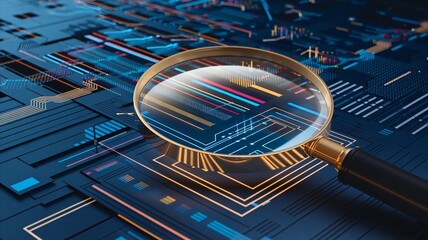 Wall Mural - a photo of a large magnifying glass hovering over a complex, layered digital landscape.