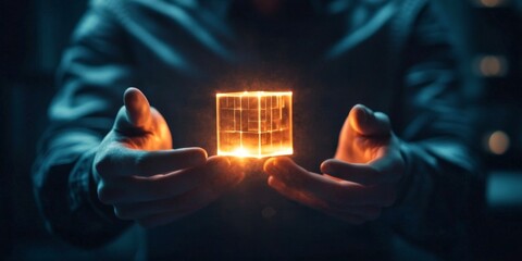 Fototapete - A person holds a glowing cube symbolizing innovation and technology. The image captures a blend of futuristic elements and a modern style. Perfect for tech-related projects and digital concepts. AI
