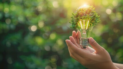 Hand holding light bulb with green tree inside on blurred nature background, concept of eco friendly energy