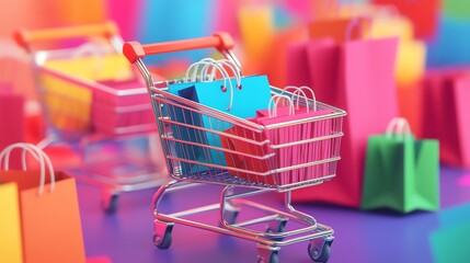 Poster - A colorful shopping cart filled with colorful shopping bags. The cart is on a bright, colorful background.