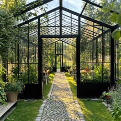 Black Frame Greenhouse with Stone Path and Lush Greenery