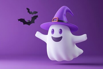 Wall Mural - 3D render of a cute, minimalistic, simple cartoon white ghost with a purple witch hat flying on a violet background, with small bats flying around the head of this Halloween character Generative AI