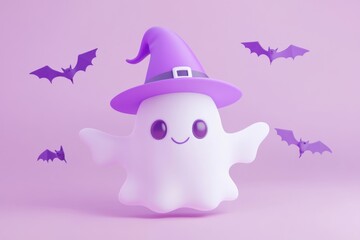Wall Mural - 3D cartoon render of a cute, minimalistic, simple ghost with a purple witch hat, flying on a solid color background, with flying bats around it Generative AI