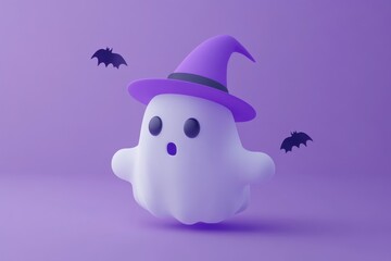 Wall Mural - 3D render of a cute, minimalistic cartoon ghost with a purple witch hat flying on a violet background Generative AI