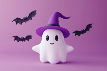 Wall Mural - 3D cartoon render of a cute, minimalistic white ghost character with a purple witch hat, floating on a solid color background Generative AI