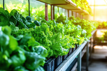 Wall Mural - a modern greenhouse interior with rows of thriving organic produce, showcasing sustainable farming practices