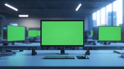 Fototapete -  3d realistic render of computer monitors with green screen in office chroma key stack of screens in modern work office with sunlight lighting indoor real atmosphere
