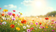 © Alevtina - Colorful wildflower field under blue sky, vibrant mood, sunny landscape, cheerful atmosphere, copy space