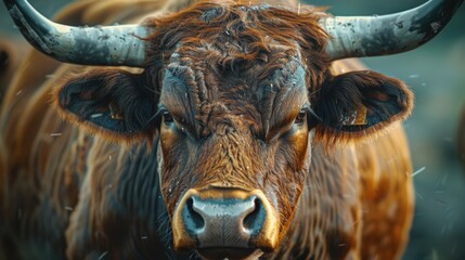 A close-up view of a cow's head, featuring prominent horns