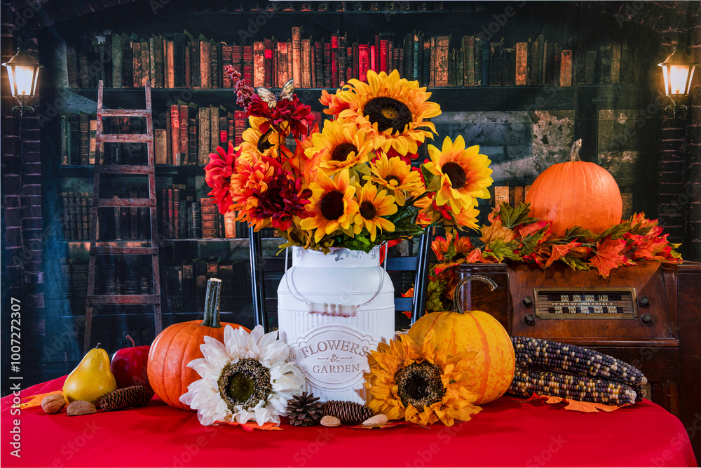 Fall Library Decore Fall decorations with pumpkins and sunflowers in old looking library ...