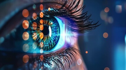 Wall Mural - Close up of a woman eye with overlaying computer code, suggesting concepts of cybersecurity, data protection, and digital security