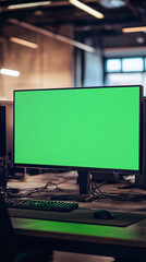 Fototapete - 3d realistic render of computer monitors with green screen in office chroma key stack of screens vertical composition scene modern work office with sunlight warm lighting indoor real atmosphere