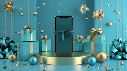 3d smartphone on blue cube podium floating on white copy space background. Realistic mobile phone with blank white screen. Minimal studio. ​Monotone pedestal mockup space for display app. 3d rendering