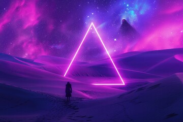 Wall Mural - Futuristic neon desert scene with glowing triangle and woman.