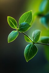 Canvas Print - Close up of fresh green leaves on a branch with blurred background