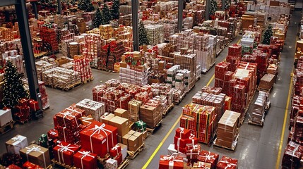warehouse filled with holiday packages, representing the peak season in logistics and distribution.