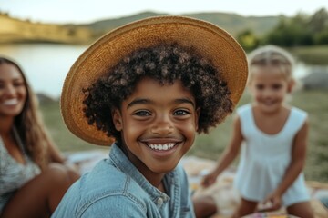 Happy young Black boy wearing a straw hat at a lakeside picnic, friends around.