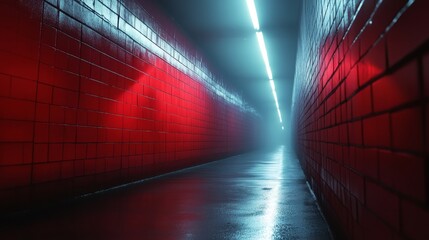 Wall Mural - A red brick tunnel with a blue light shining down on it