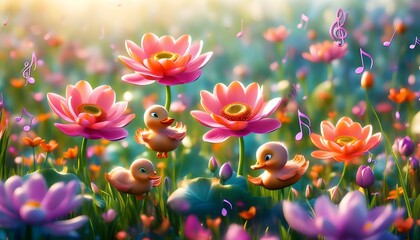 Wall Mural - Playful Ducklings Swimming in a Serene Lotus Pond