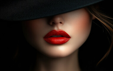 Wall Mural - A woman with a bold red lipstick and a black hat is the main focus of the image. The hat is positioned above her face, partially covering her nose and mouth