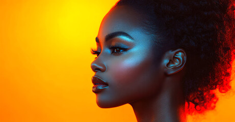 Wall Mural - A woman with a dark complexion and long hair is standing in front of a yellow background. She is wearing a lot of makeup, including eye shadow and lipstick. Scene is bold and confident