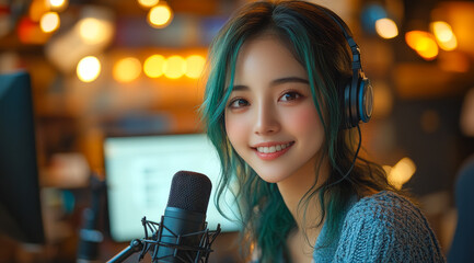 Poster - A woman with green hair is smiling and wearing headphones. She is in front of a microphone. Concept of happiness and positivity