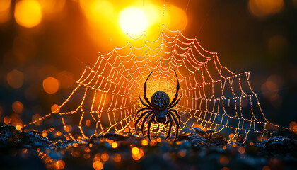 A spider is sitting in the center of a spider web. The web is very large and has a lot of light shining on it