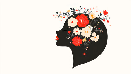 Sticker - A woman's head with flowers on it. The flowers are red and yellow. The woman is wearing red lipstick