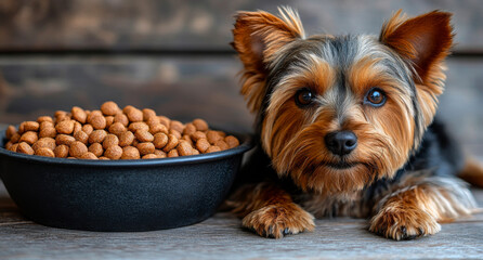 Wall Mural - A dog is laying on a wooden surface next to a bowl of food. The dog appears to be looking at the camera, possibly waiting for its owner to feed it