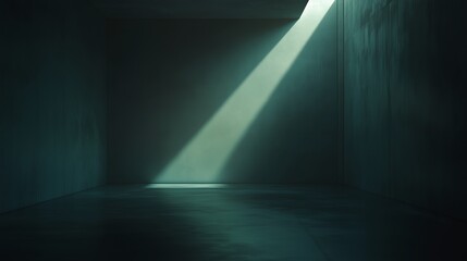 Poster - a narrow beam of light illuminates a dimly lit, empty concrete room with smooth walls, creating an a
