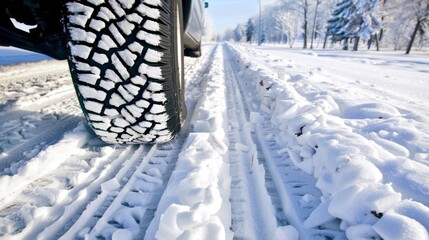 Close up of car tires leaving tread marks on a snowy and icy winter road surface