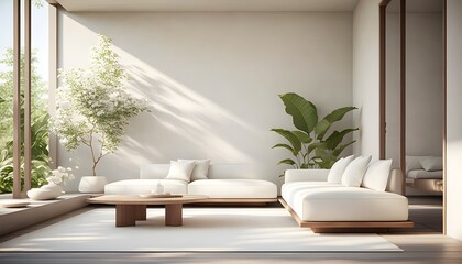 Wall Mural - Elegant Minimalist Living Room Featuring White Sofa and Wooden Coffee Table