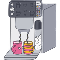Fototapete - Cute doodle smart coffee machine making coffee in mugs, multiple buttons and settings. Hand drawn intelligence electric coffee maker. Professional automatic barista device to control via smartphone.