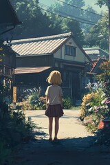 Wall Mural - Anime girl walking down a street in a small village. Illustration of a girl walking away on a sunny day.