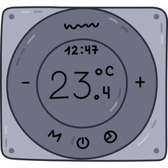 Fototapete - Cute outline smart thermostat for temperature regulation via smartphone. Hand drawn color intelligence electronic heating system with indicators. Internet of things radiator isolated on white.