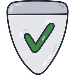 Fototapete - Cute colorful doodle shield with check mark as symbol of protection. Hand drawn security shield with tick icon as sign of insurance, risk coverage, policyholder protection isolated on white background