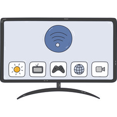 Fototapete - Cute doodle smart TV with internet and wireless control via smartphone. Hand drawn intelligence television display for watching video, webinar, news. Internet of things device isolated on background.