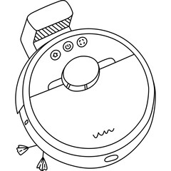Fototapete - Cute doodle robot vacuum cleaner with docking station, brush and buttons. Remote wireless industrial sweeper for maintenance pure home via smartphone. Technique for automation housework isolated.