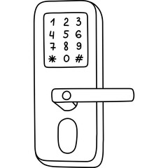 Fototapete - Cute doodle smart door lock with pin code, fingerprint and key access for safety, home protection. Hand drawn intelligence house security device isolated on white. Remote door locking via telephone.